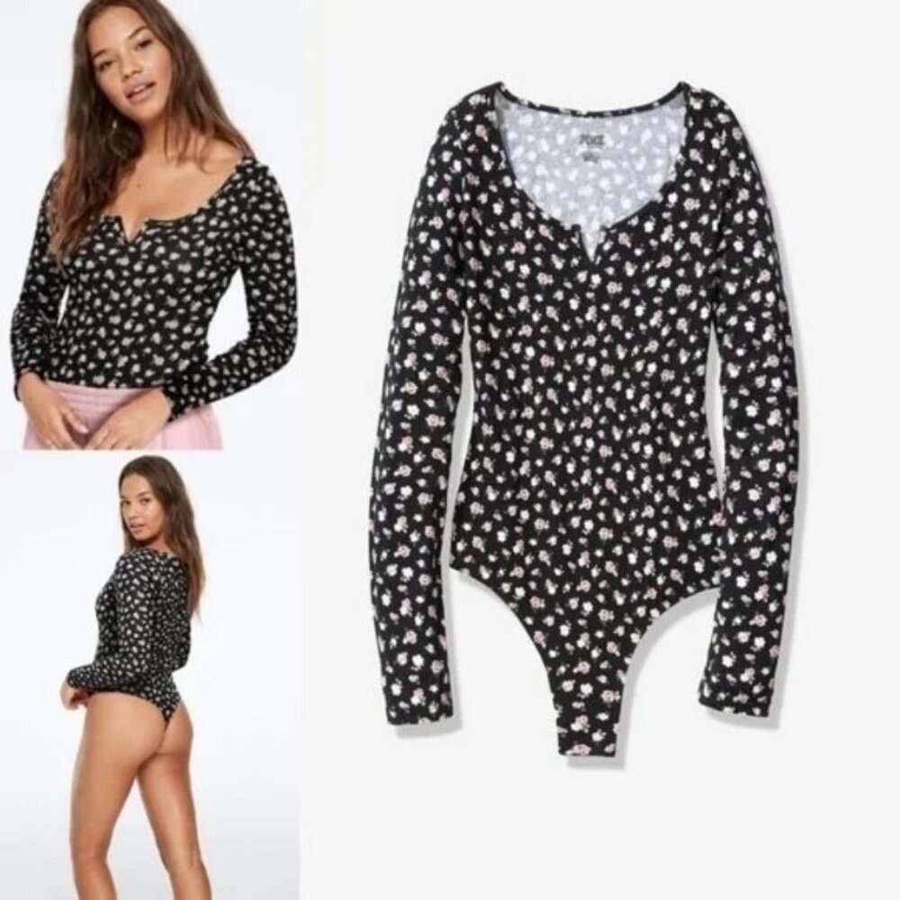 PINK Victoria's Secret Black Floral Bodysuit